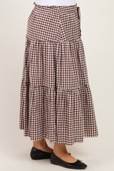 maternity wear brown and white gingham tiered maxi skirt with drawstring waist, model wearing black flat shoes