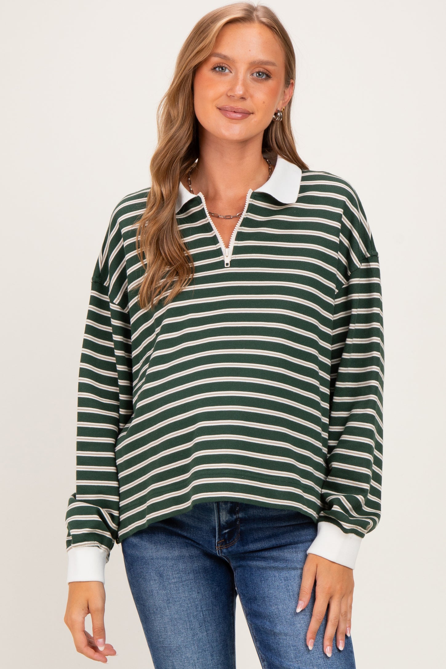 Hunter Green Striped Long Sleeve Maternity Polo Shirt