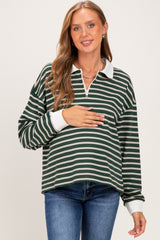 Hunter Green Striped Long Sleeve Maternity Polo Shirt