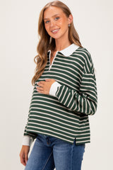 Hunter Green Striped Long Sleeve Maternity Polo Shirt
