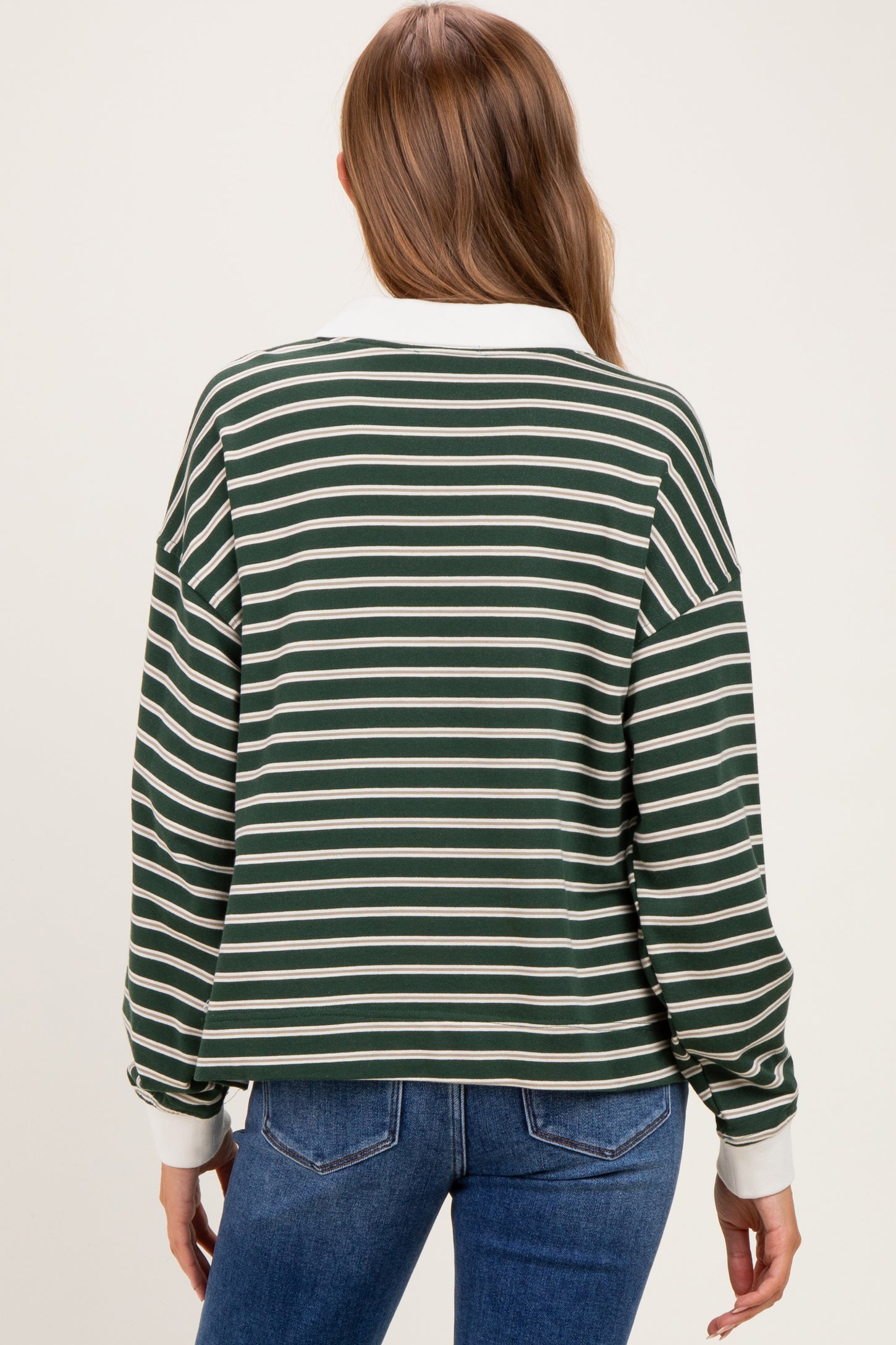 Hunter Green Striped Long Sleeve Maternity Polo Shirt