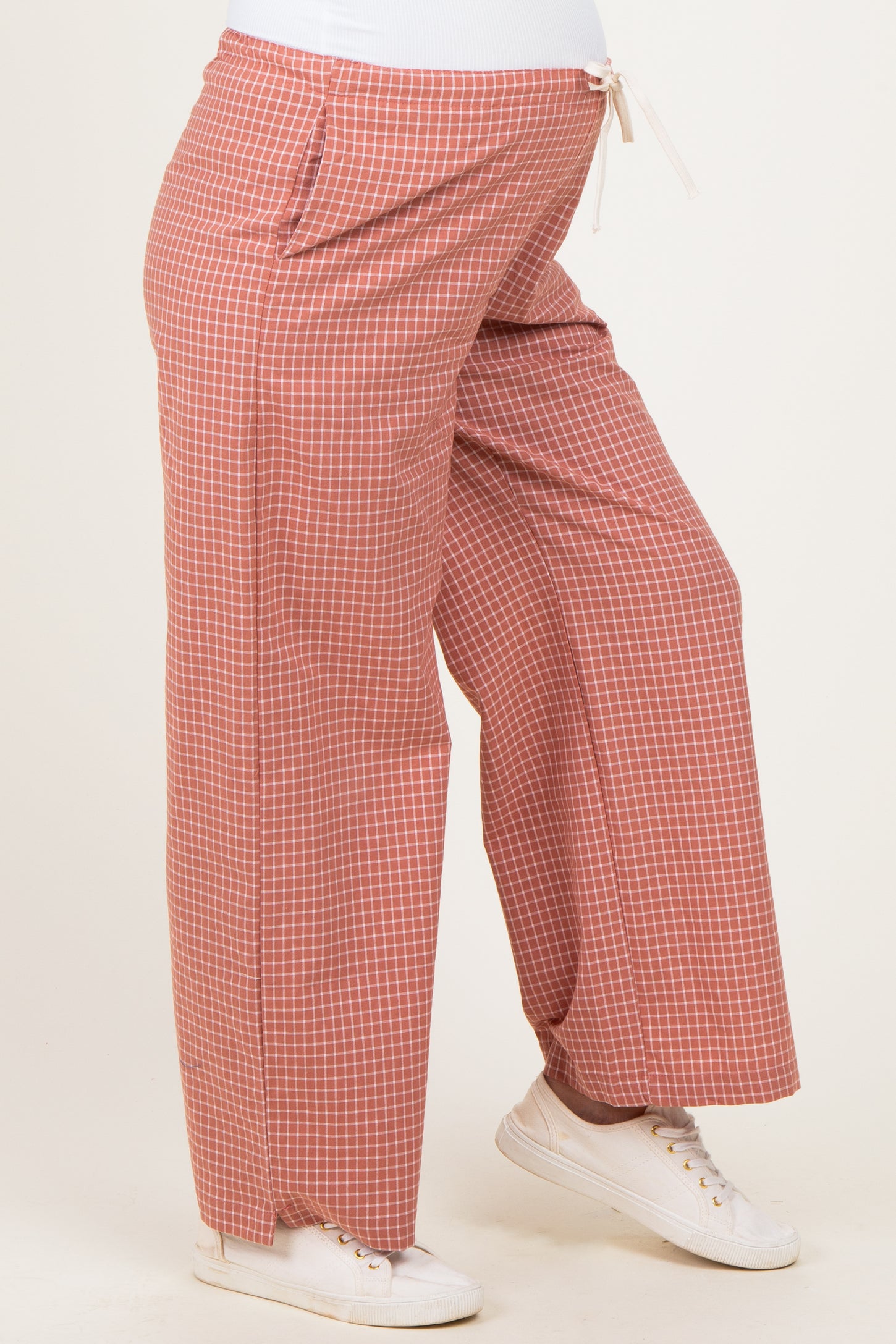 Mauve Drawstring Checker Plaid Maternity Pants