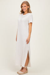 Oatmeal/ Ivory Striped Short Sleeve Midi Dress