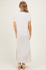 Oatmeal/ Ivory Striped Short Sleeve Midi Dress
