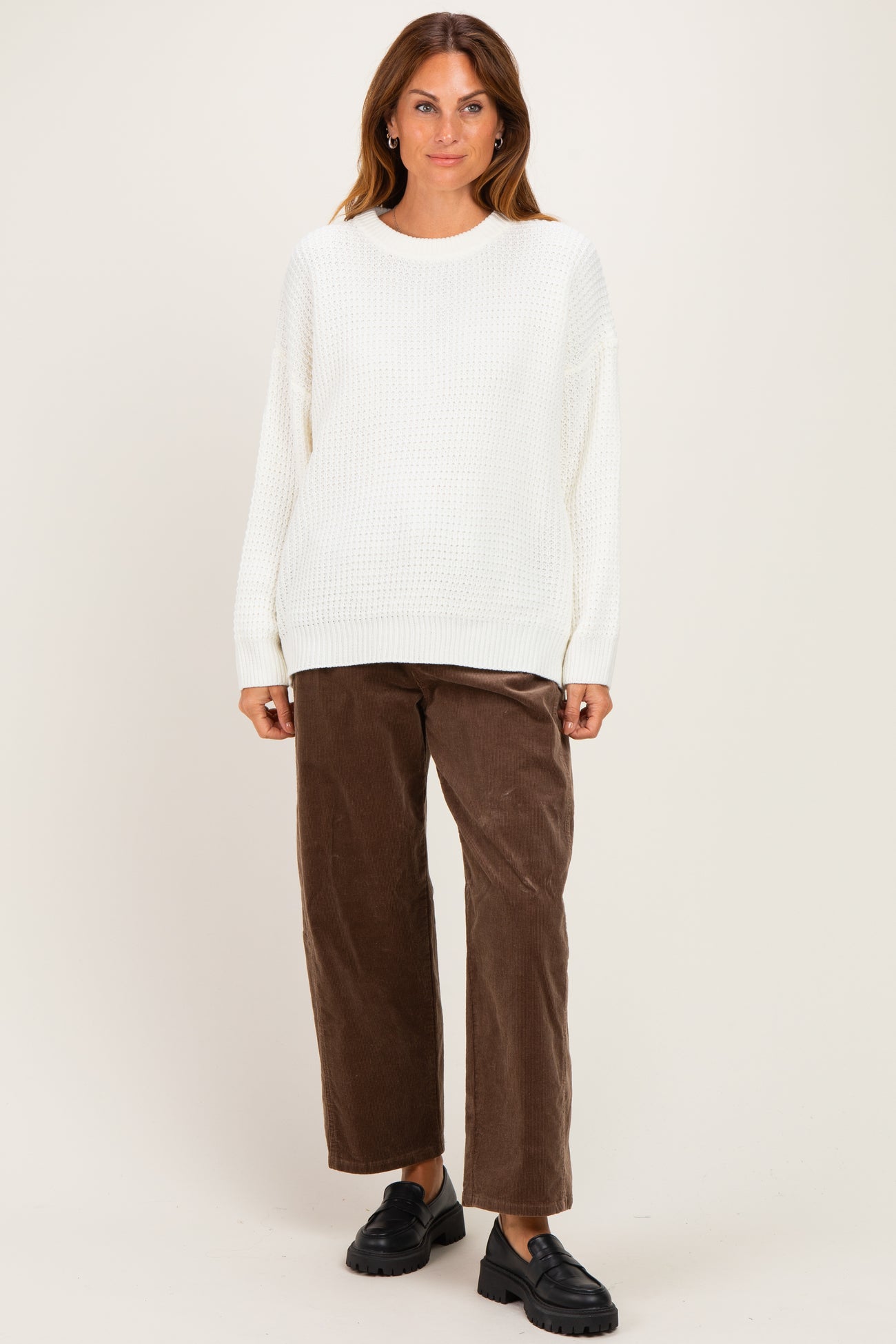 Ivory Waffle Knit Side Slit Sweater