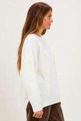 Ivory Waffle Knit Side Slit Sweater