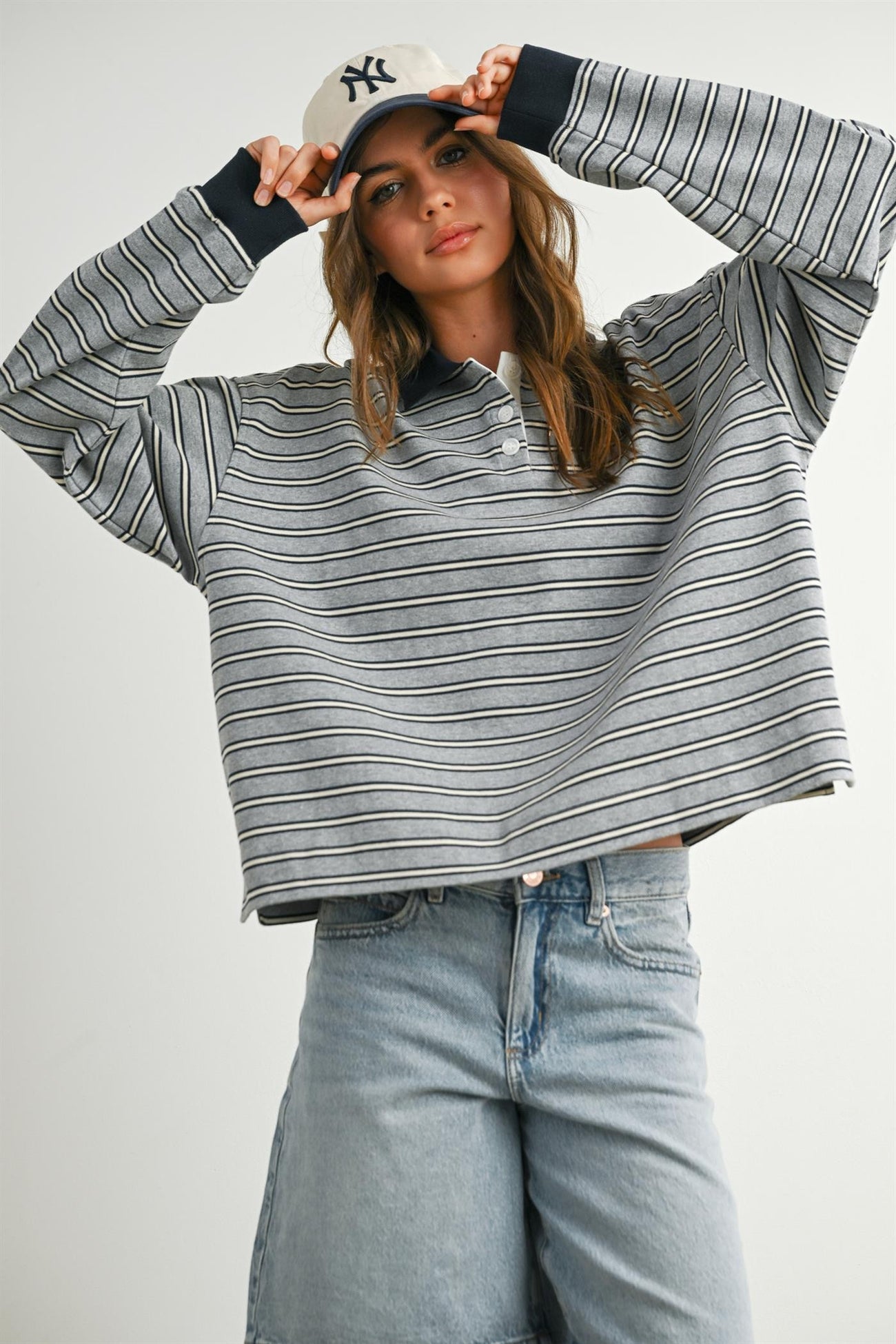 Grey Striped Long Sleeve Polo Top