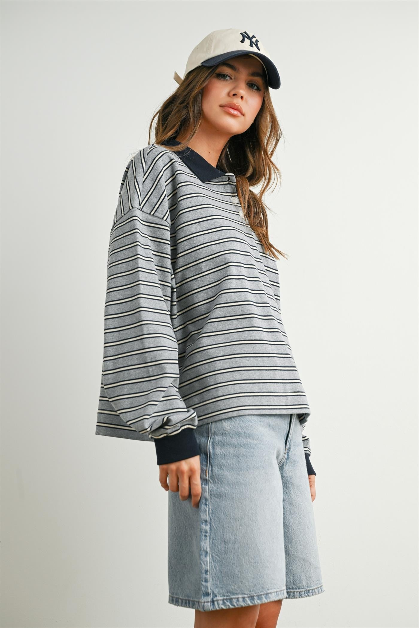 Grey Striped Long Sleeve Polo Top