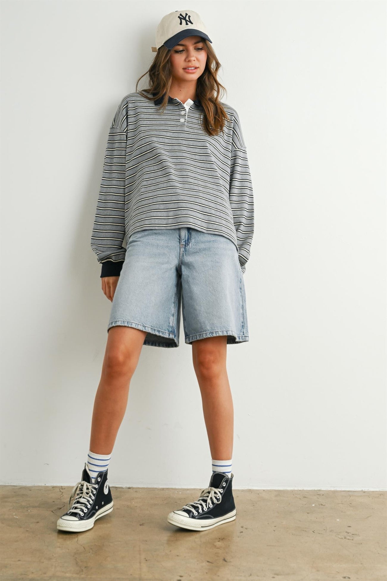 Grey Striped Long Sleeve Polo Top