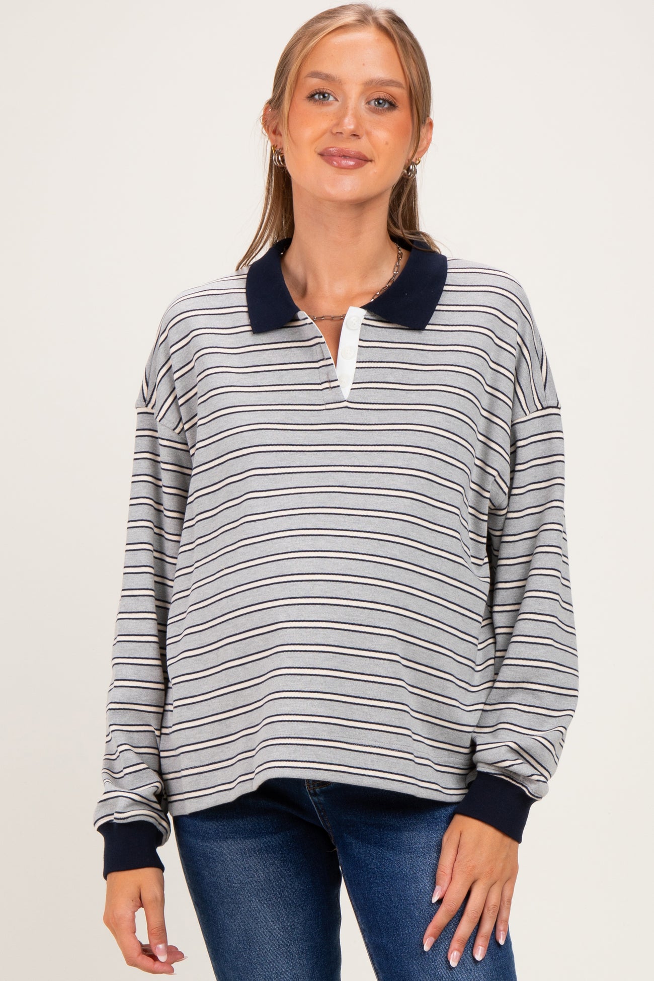 Grey Striped Long Sleeve Polo Maternity Top