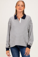Grey Striped Long Sleeve Polo Maternity Top