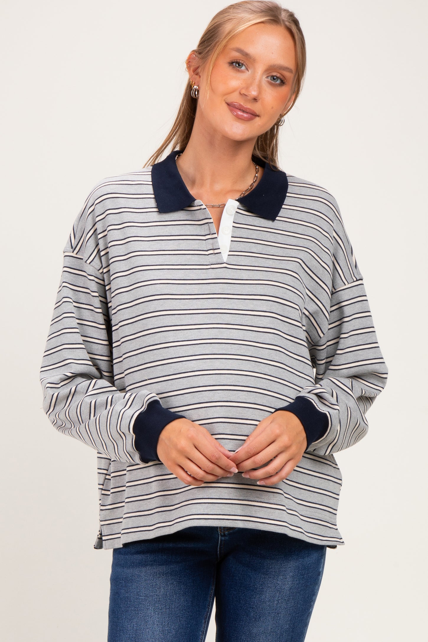 Grey Striped Long Sleeve Polo Maternity Top
