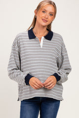 Grey Striped Long Sleeve Polo Maternity Top