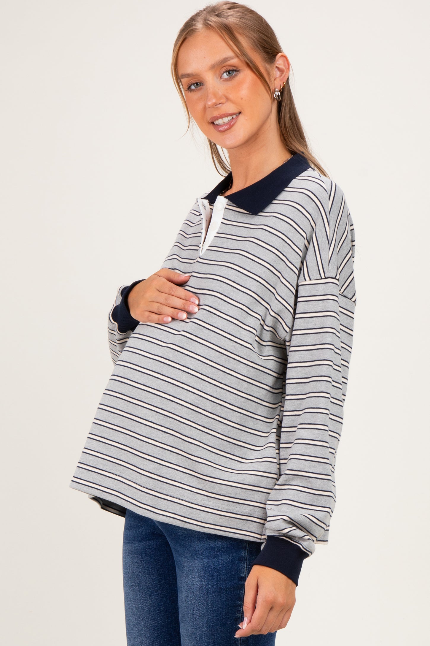 Grey Striped Long Sleeve Polo Maternity Top