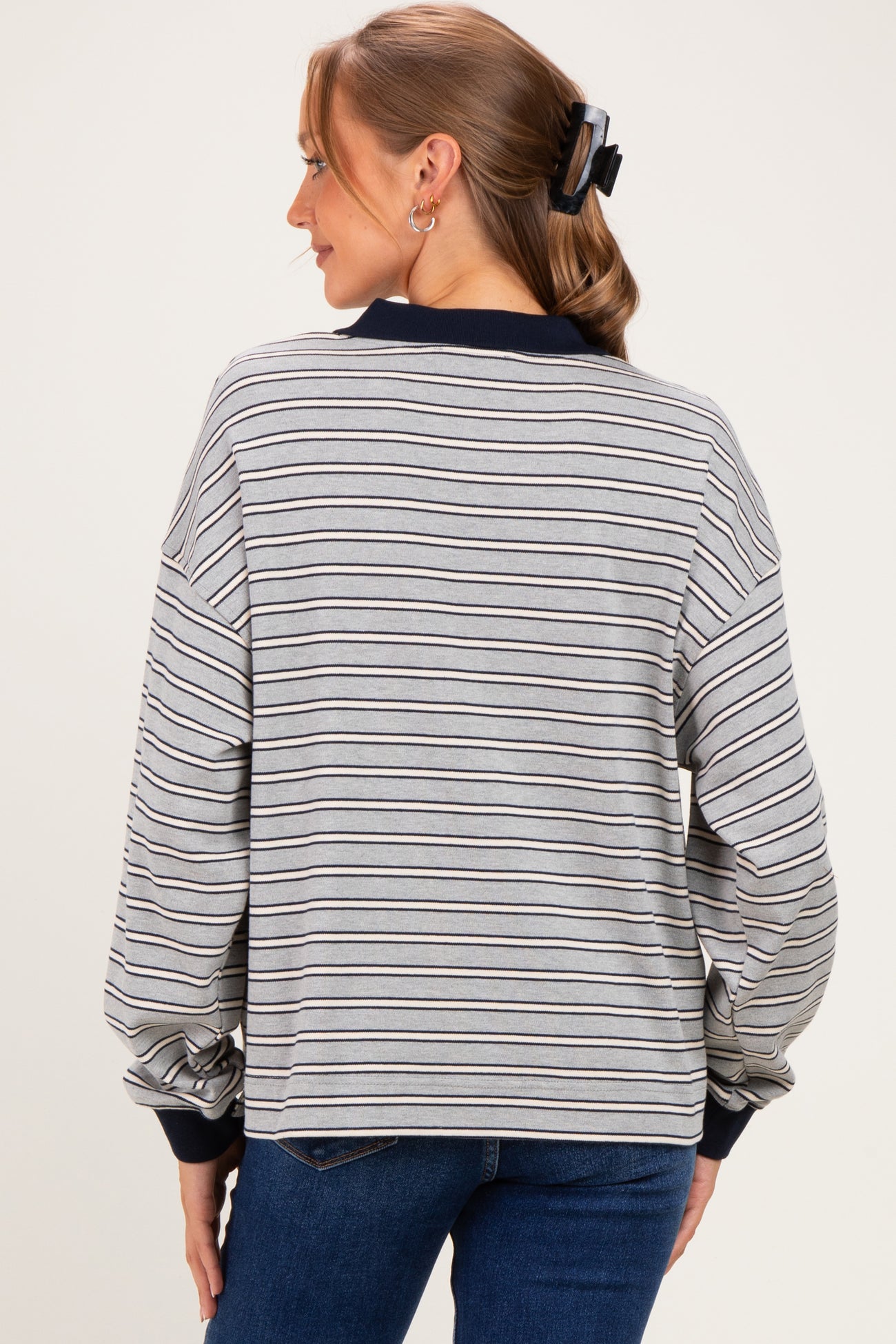 Grey Striped Long Sleeve Polo Maternity Top