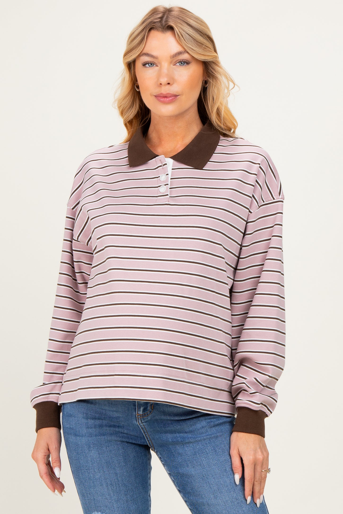 Mauve Striped Long Sleeve Polo Maternity Top