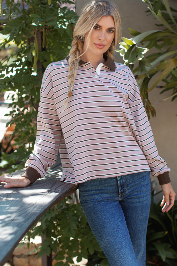 Mauve Striped Long Sleeve Polo Maternity Top