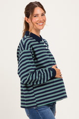 Navy Striped Long Sleeve Polo Maternity Top