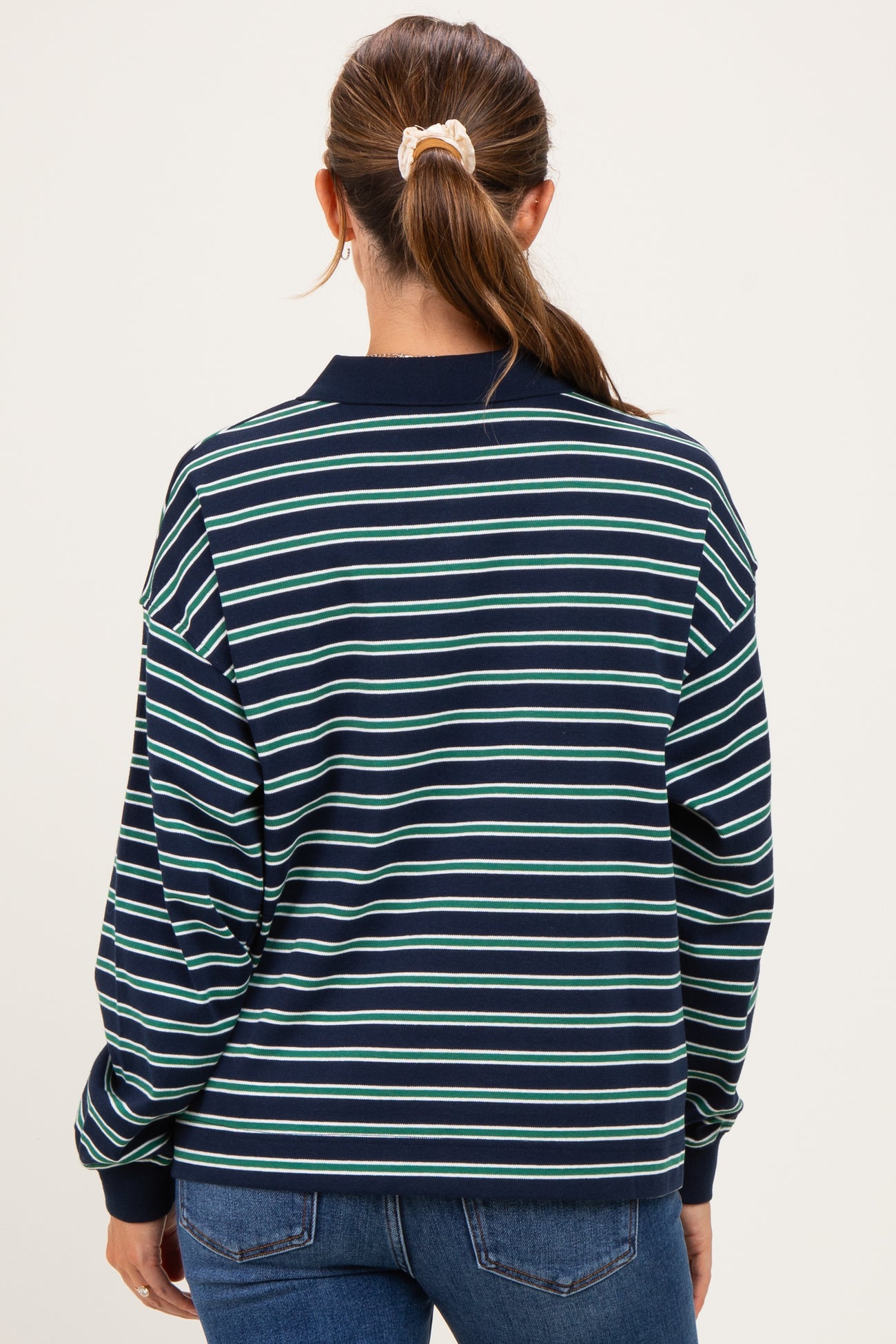 Navy Striped Long Sleeve Polo Maternity Top