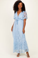Light Blue Lace Flutter Sleeve Tiered Maternity Maxi Dress