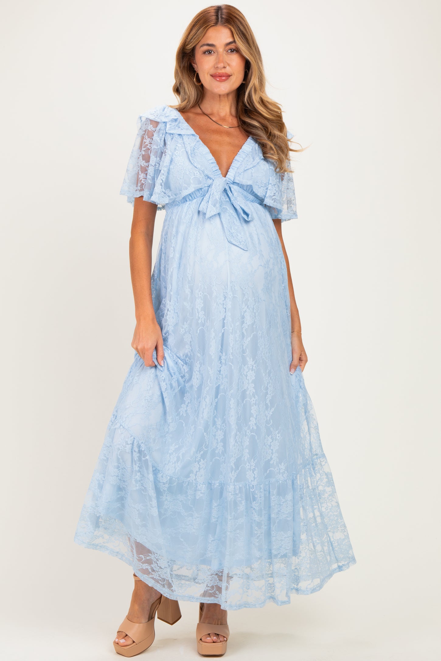 Light Blue Lace Flutter Sleeve Tiered Maternity Maxi Dress