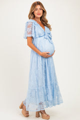 Light Blue Lace Flutter Sleeve Tiered Maternity Maxi Dress