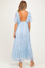 Light Blue Lace Flutter Sleeve Tiered Maternity Maxi Dress