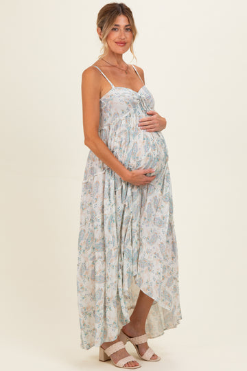 Cream Hi-Lo Spaghetti Strap Paisley Ruffle Maternity Maxi Dress