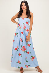 Light Blue Floral Thin Strap Midi Dress