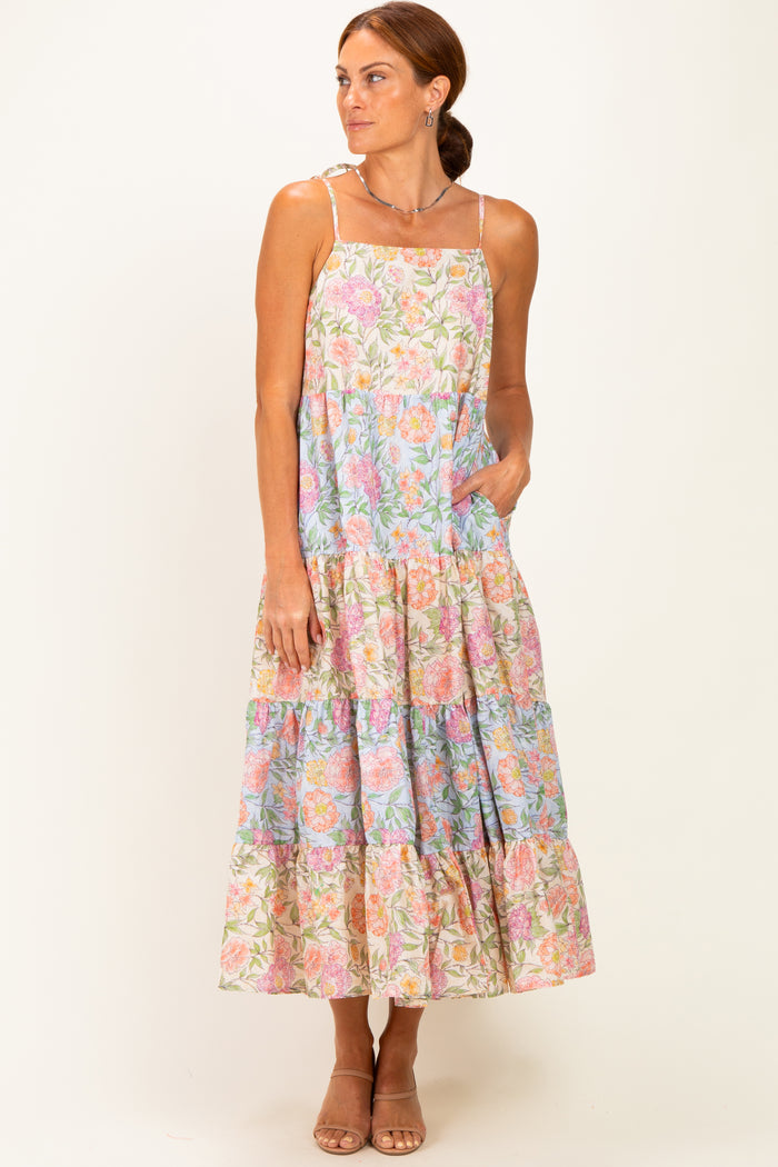 Pink Floral Colorblock Tiered Maxi Dress