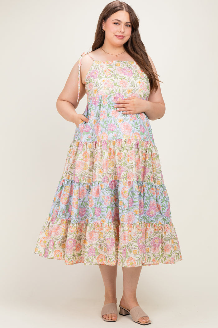Pink Floral Colorblock Tiered Maternity Plus Maxi Dress