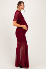 Burgundy Draped Bodice Ruched Mesh Maternity Maxi Dress