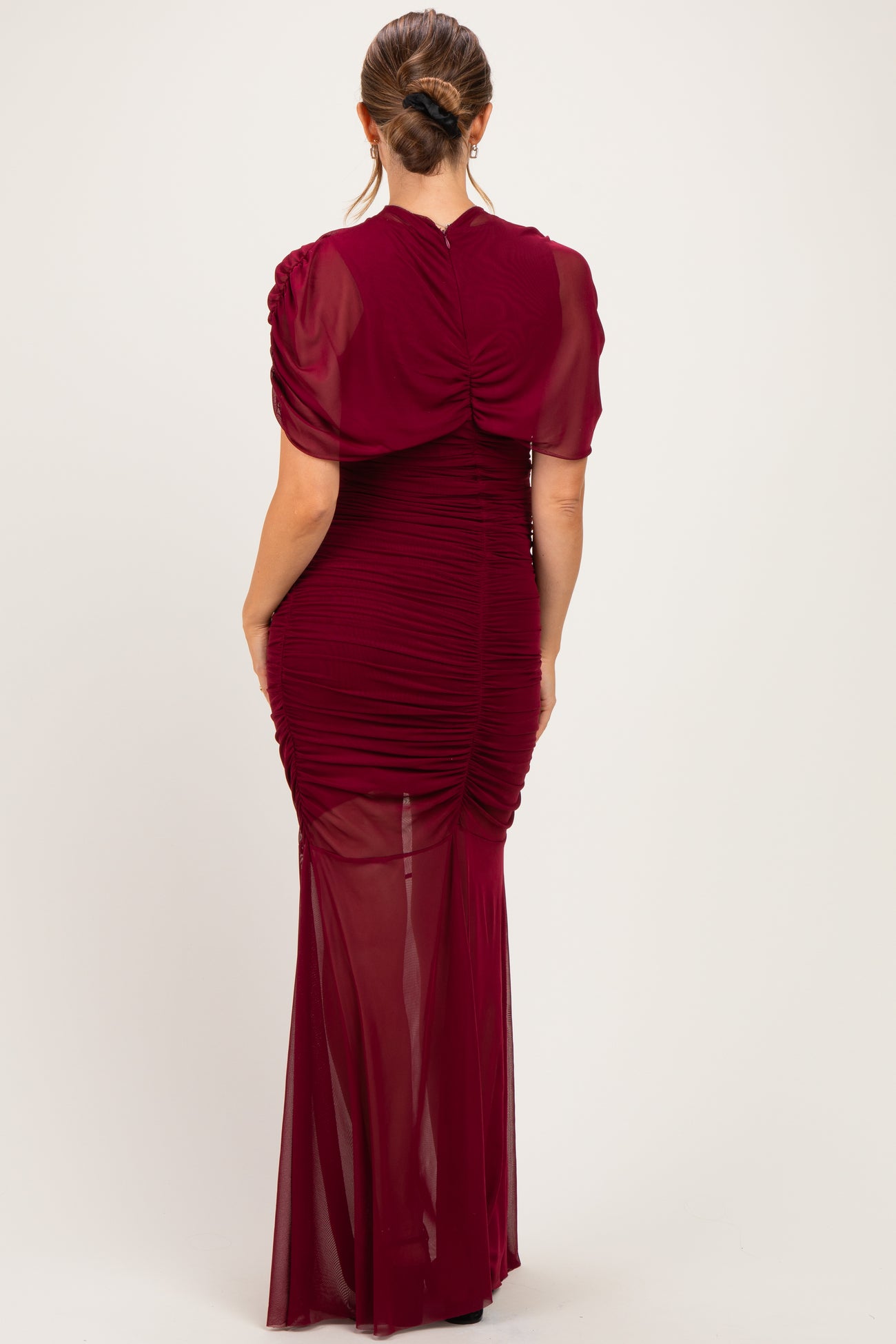 Burgundy Draped Bodice Ruched Mesh Maternity Maxi Dress