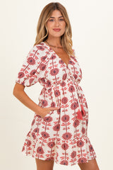 Rose Floral V Neck Puff Sleeve Ruffle Maternity Mini Dress
