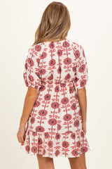 Rose Floral V Neck Puff Sleeve Ruffle Maternity Mini Dress