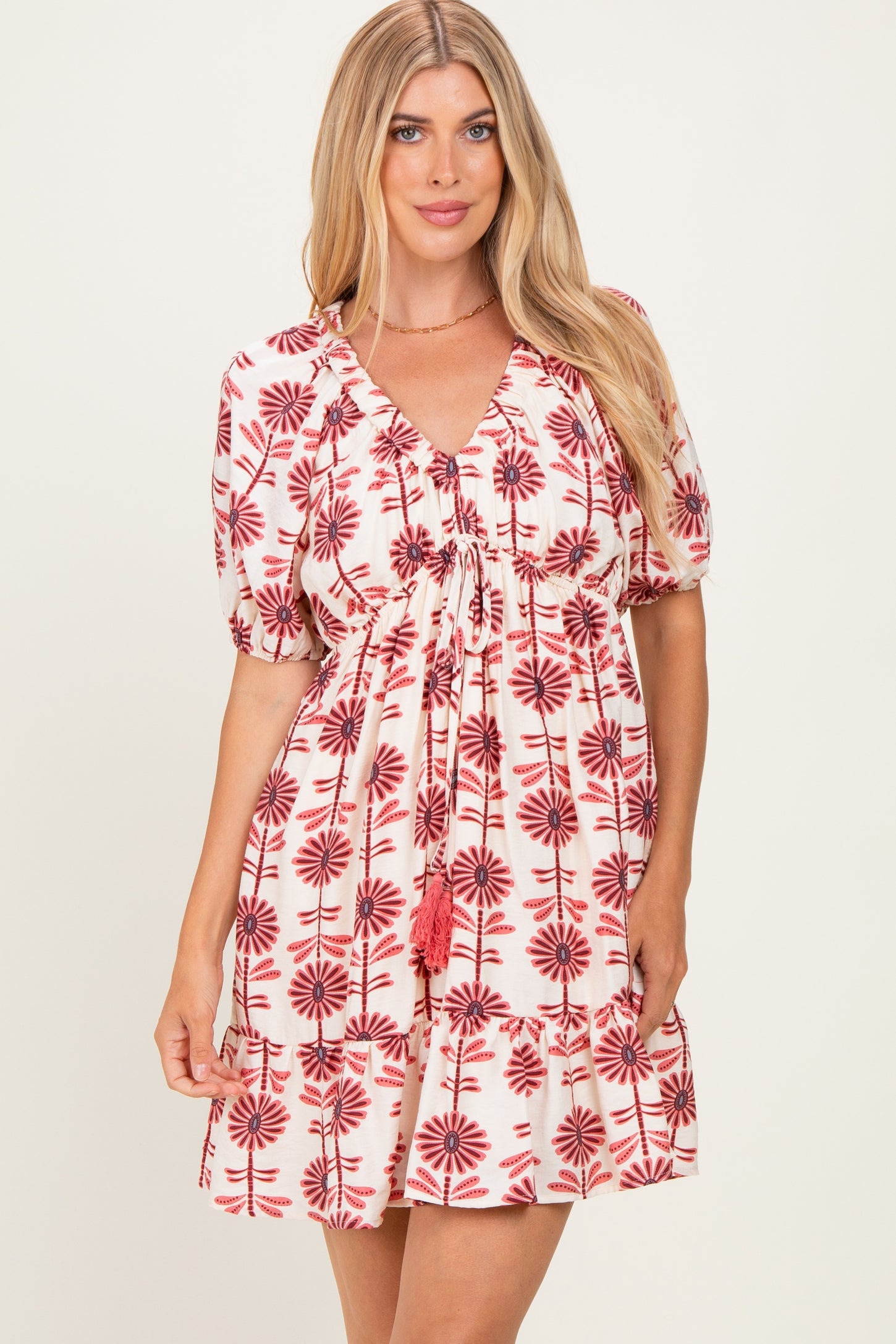Rose Floral V Neck Puff Sleeve Ruffle Maternity Mini Dress