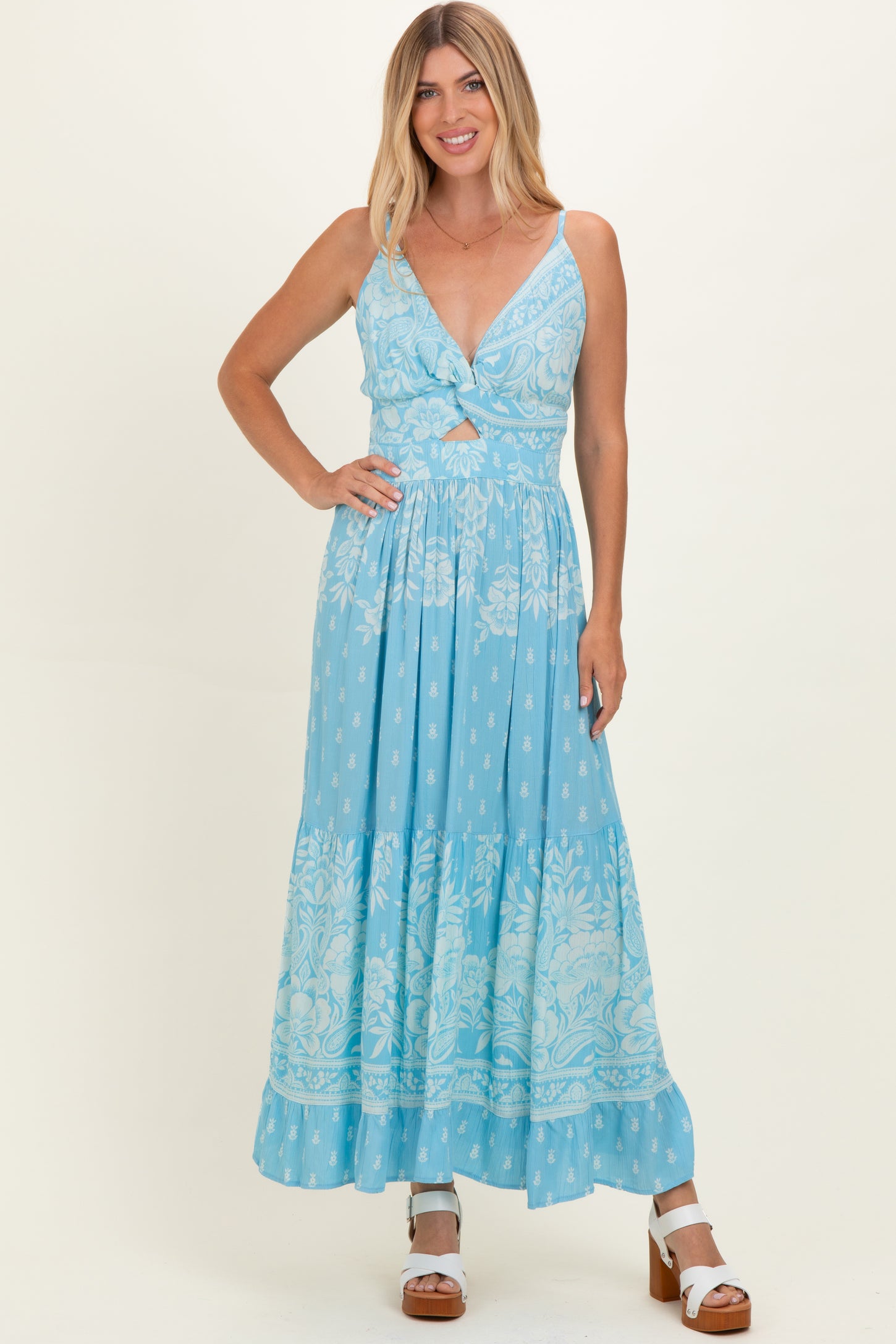 Light Blue V-Neck Twist Front Cut Out Maternity Maxi Dress