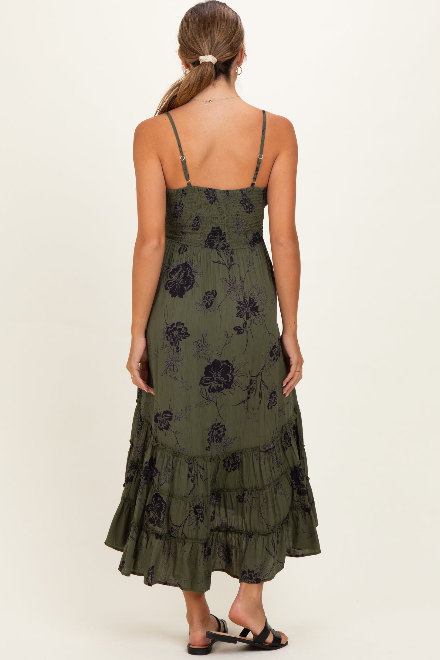 Olive Floral V-Neck Tiered Hi-Lo Maternity Dress