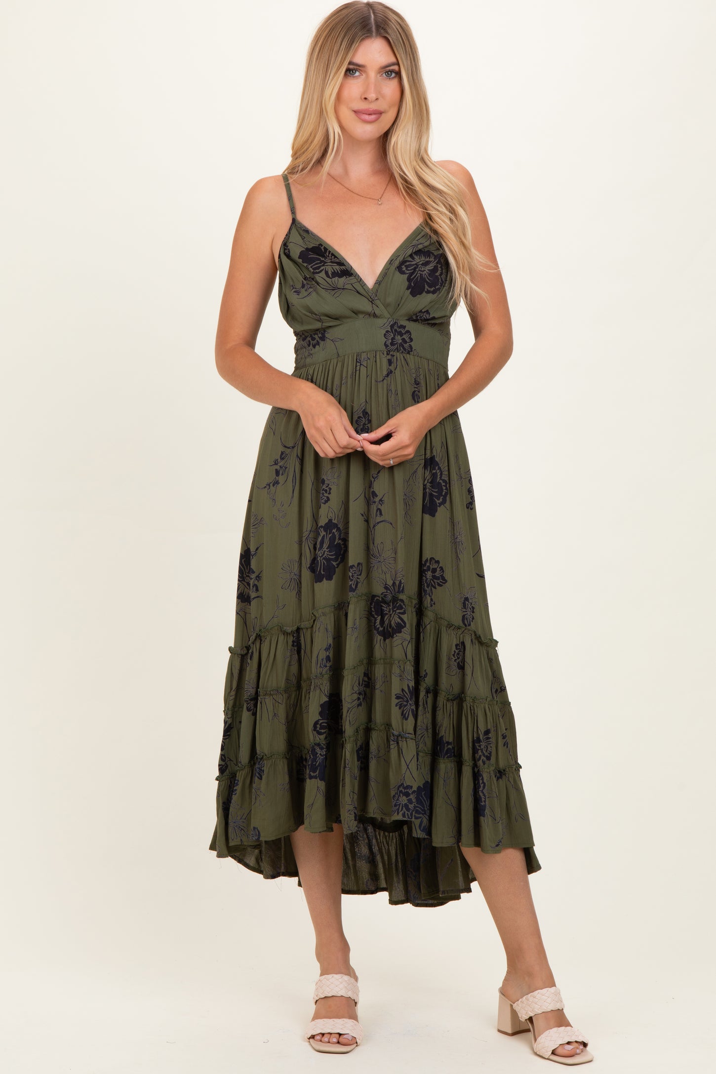 Olive Floral V-Neck Tiered Hi-Lo Maternity Dress