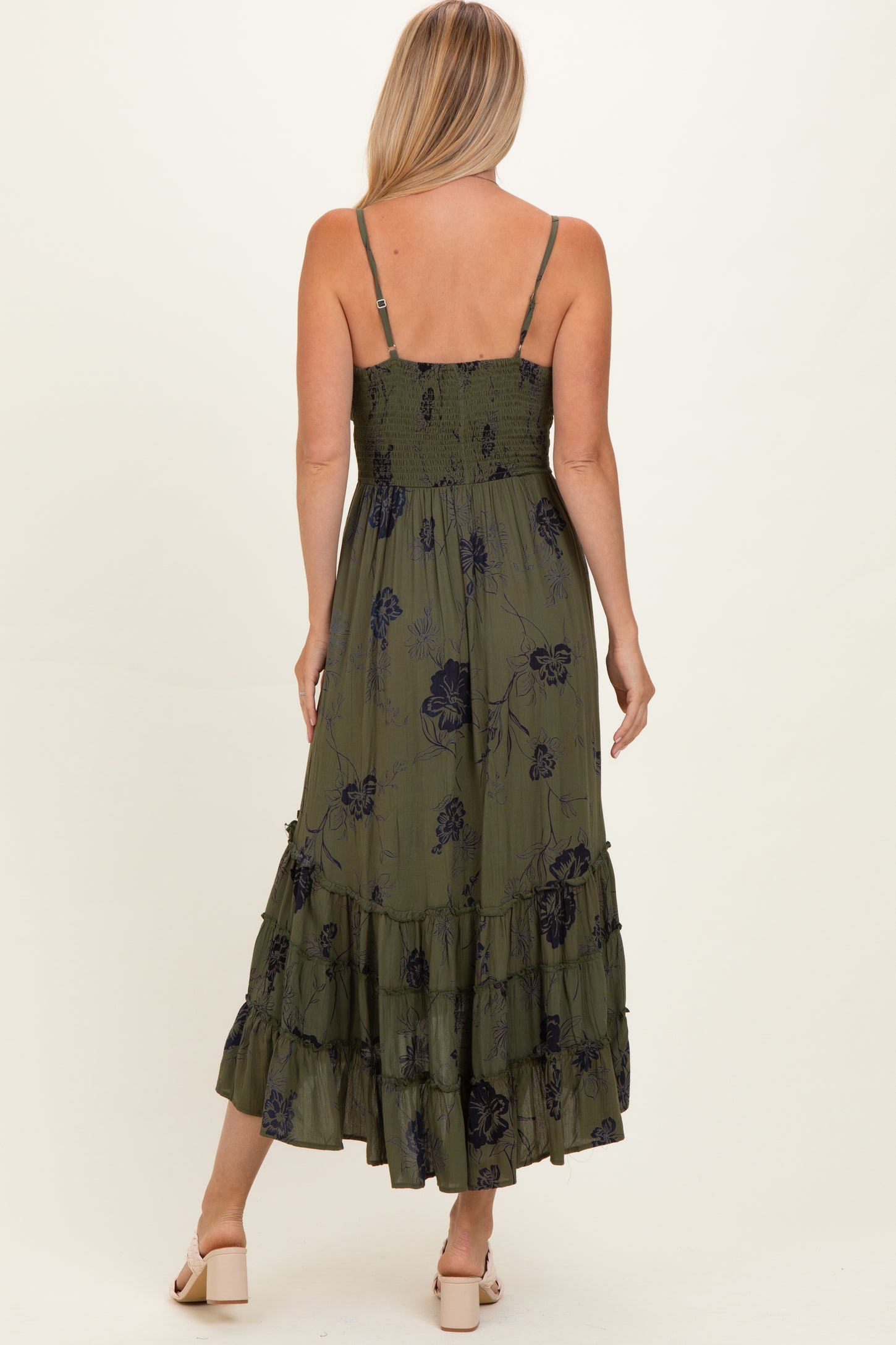 Olive Floral V-Neck Tiered Hi-Lo Dress