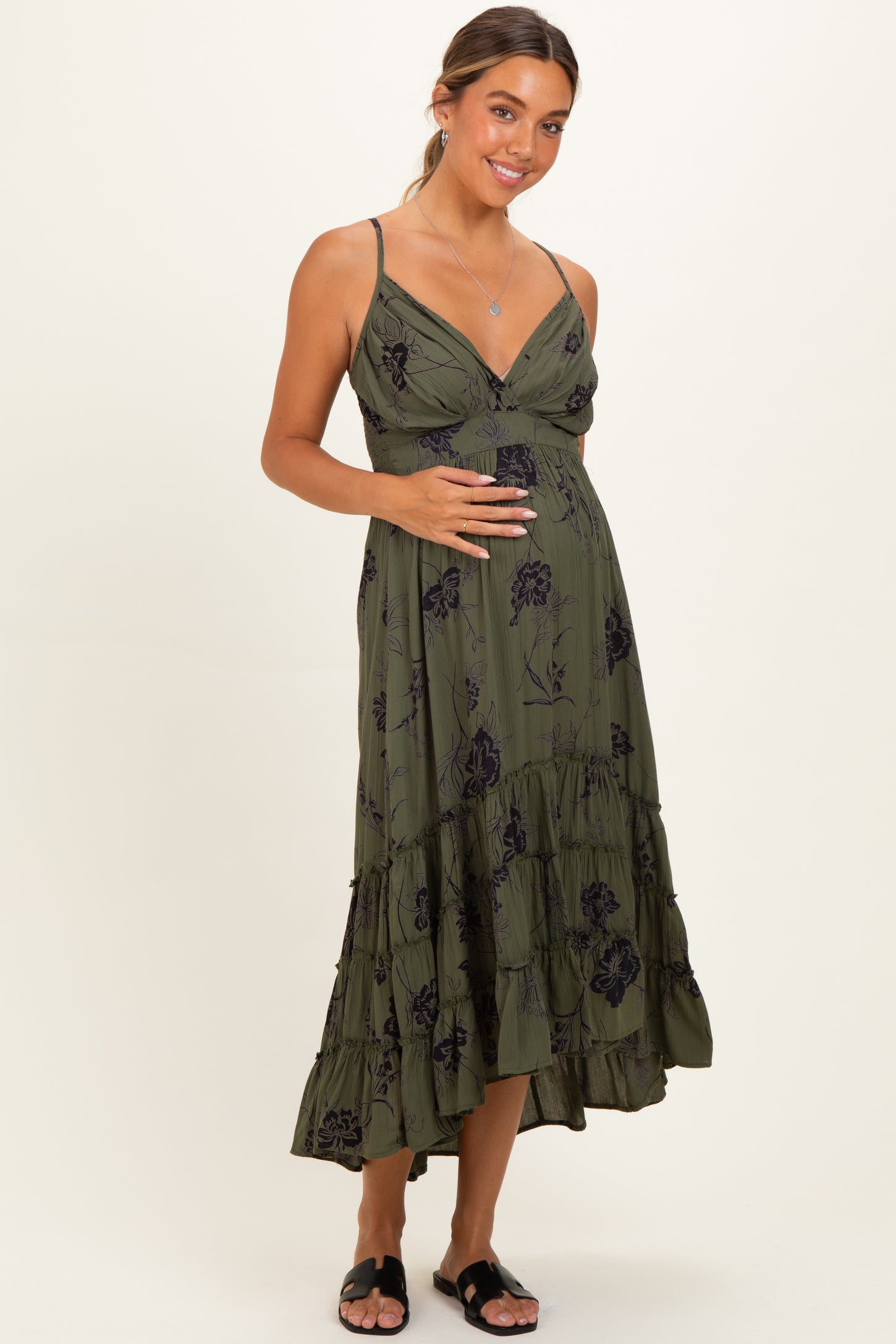 Olive Floral V-Neck Tiered Hi-Lo Maternity Dress