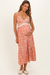 Creamsicle Floral V-Neck Lace Trim Maternity Maxi Dress