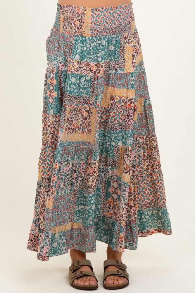 Teal Patchwork Print Smocked Waistband Maternity Maxi Skirt
