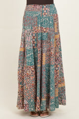 Teal Patchwork Print Smocked Waistband Maxi Skirt