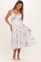 Ivory Pleated Side Tie Lace Accent Maternity Midi Dress