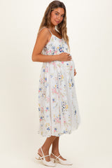 Ivory Pleated Side Tie Lace Accent Maternity Midi Dress