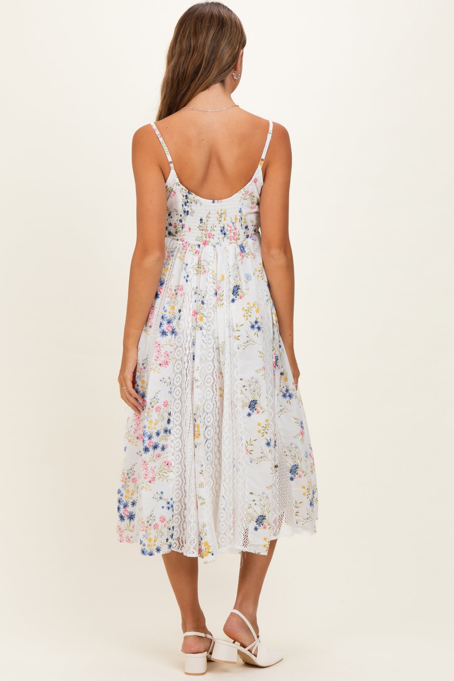 Ivory Pleated Side Tie Lace Accent Maternity Midi Dress