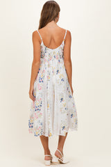 Ivory Pleated Side Tie Lace Accent Maternity Midi Dress