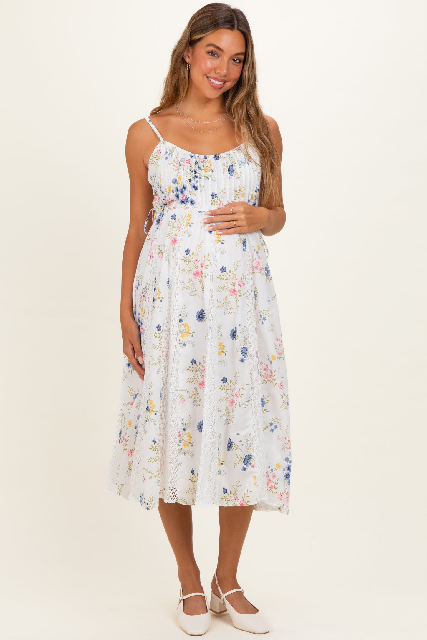 Ivory Pleated Side Tie Lace Accent Maternity Midi Dress
