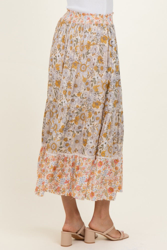 Lemon Mixed Floral Smocked Waist Maxi Skirt